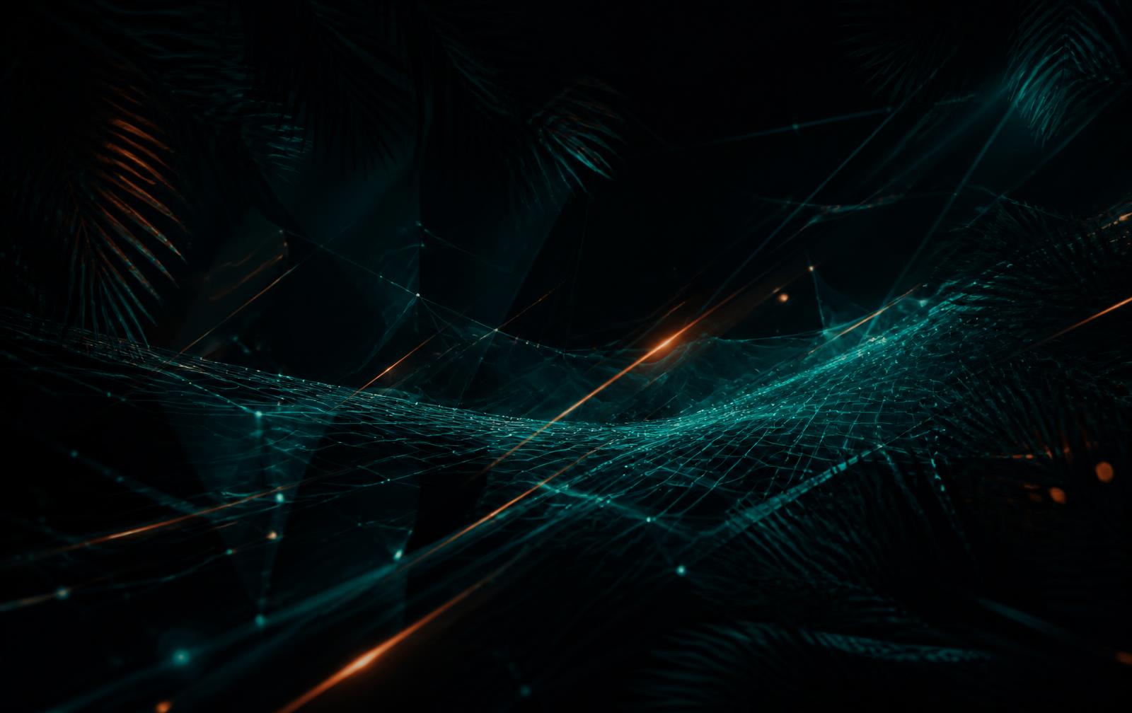 Dark network of connected business systems lit in teal and ember
